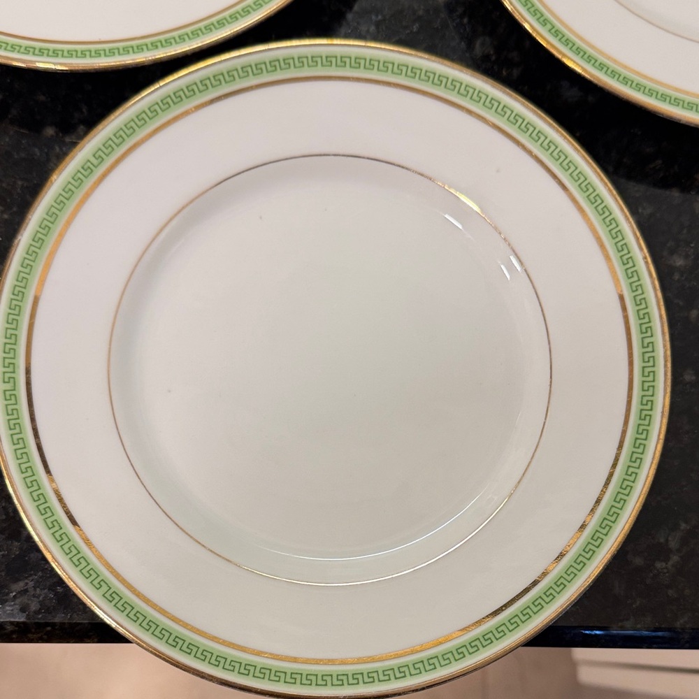 Limoges-CHARLES MARTIN (CM) DECORE  -  GREEN GREEK KEY 6 SALAD PLATE